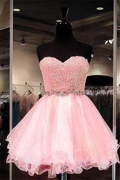 2024 Lace Short Blush Pink Strapless Sweetheart Sweet 16 Dress Homecoming Dresses WK28
