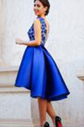 A-line V-neck Satin Backless Lace Royal Blue Homecoming Dresses WK456