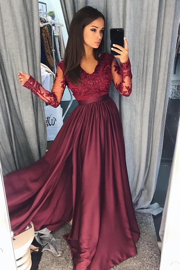 Charming Burgundy Satin Long Sleeves A-line Lace Long Prom Dresses Evening Dresses WK557