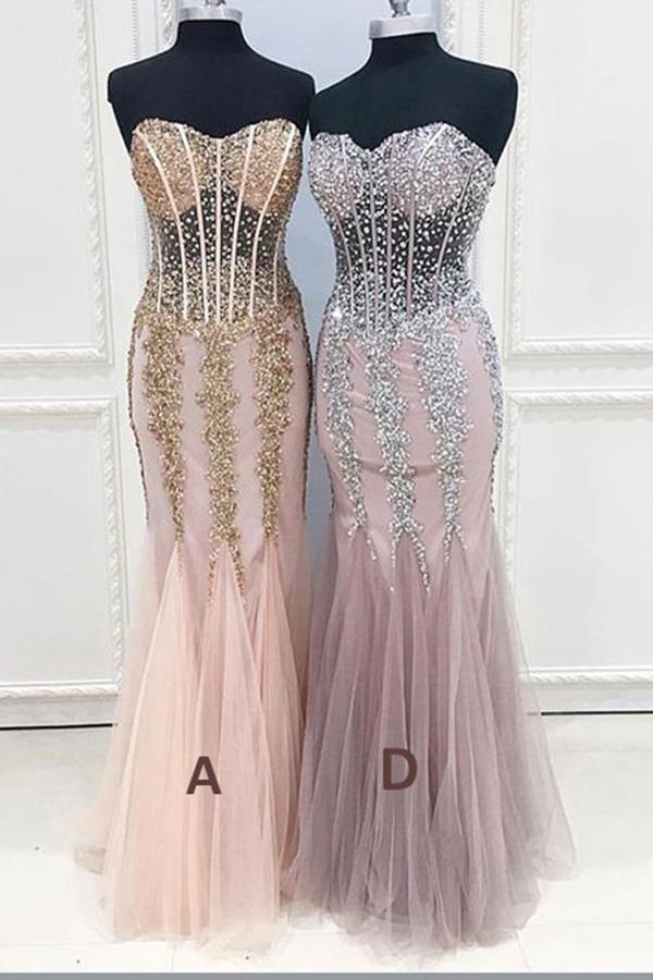 Mermaid Sexy Long Cheap Sweetheart Strapless Beads Tulle See Through Prom Dresses WK173