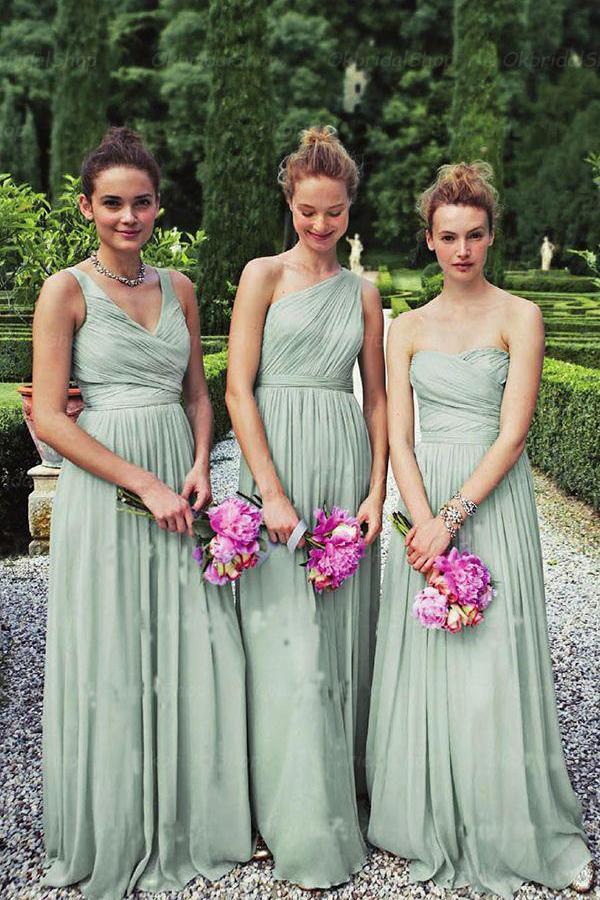 A-Line Dusty Green Long Mismatched Chiffon Prom Dress Bridesmaid Dresses WK455