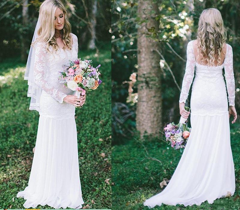 Lace Long Sleeve Beach Backless Outdoor Garden Handmade Women's Wedding Dress WK56