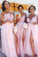 A-Line Pink Princess High Slit Scoop Sleeveless Lace Applique Chiffon Bridesmaid Dresses WK316
