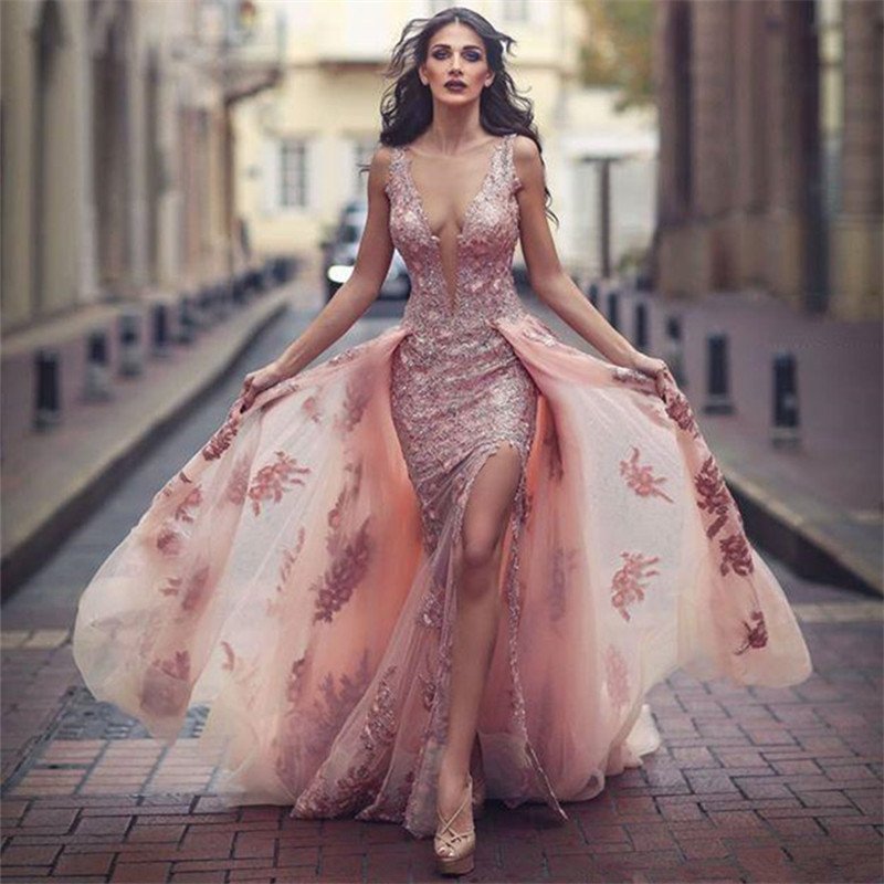 Sexy Deep V Neck Mermaid Tulle Lace Appliques Slit Front Backless Princess Prom Dresses WK742