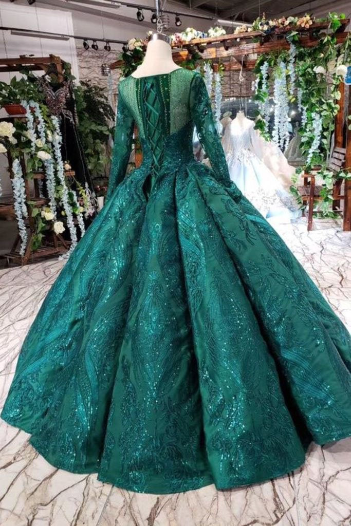 Dark Green Long Sleeves Ball Gown Prom Dress with Beads Lace up Quinceanera Dresses WK972