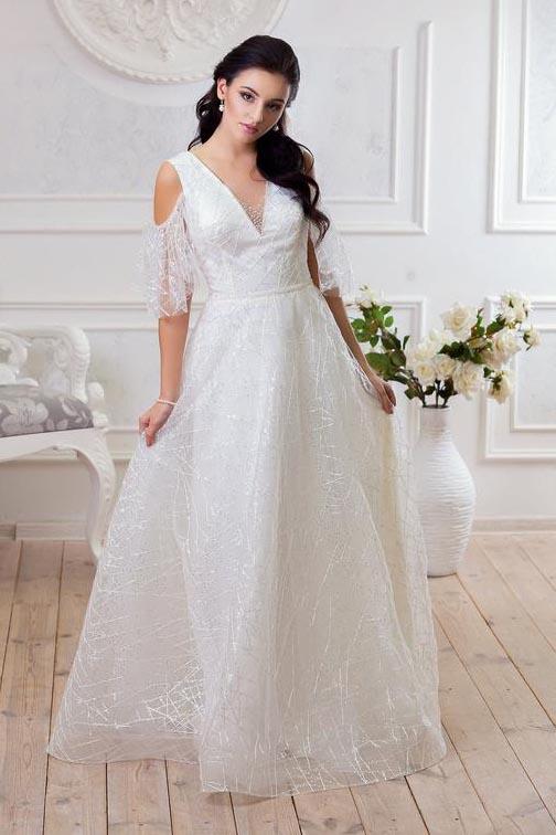 Deep V Neck Drop Sleeves Lace Wedding Dresses White Long Wedding Gowns WK505