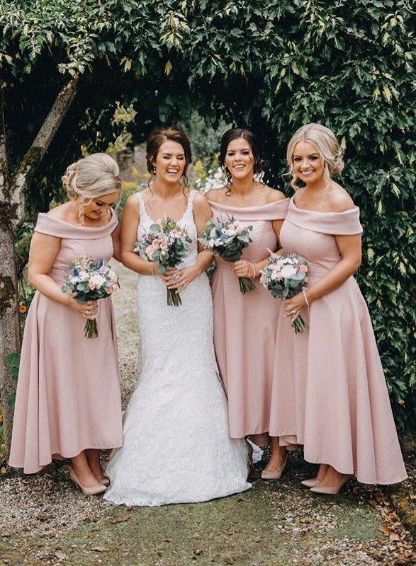 Dusty Pink Jersey Off the Shoulder High Low Ankle Length Bridesmaid Dresses with Satin BD1019