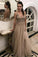 A Line V Neck Tulle Lace Appliques Backless Brown Sleeveless Prom Dresses WK83