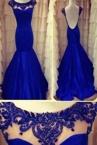 Sexy Mermaid High Neck Cap Sleeve Scoop Beads Backless Royal Blue Evening Dresses WK10
