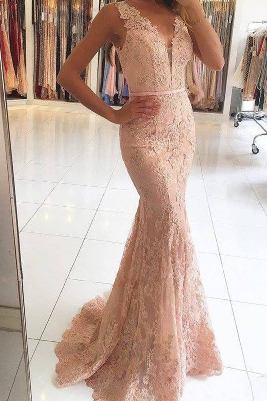 Sexy Mermaid Lace Appliques V Neck Beads Sleeveless Long Prom Dresses WK37