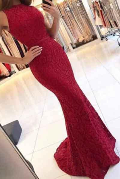 Charming New Arrival Mermaid Round Neck Dark Red Lace Prom Dresses WK385