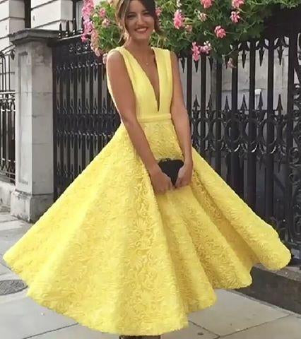 A-Line Deep V-Neck Cute Yellow Tea Length Sleeveless Open Back Lace Prom Dresses WK475