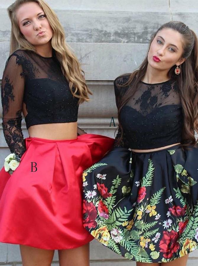 Two Piece Crew Open Back Above-Knee Black Printed Homecoming Dress with Pockets WK659