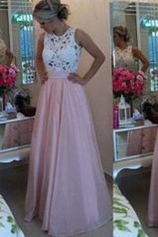 Gorgeous Lace Chiffon A-Line Formal Prom Gown With Pearls Blush Pink Long Prom Dresses WK134