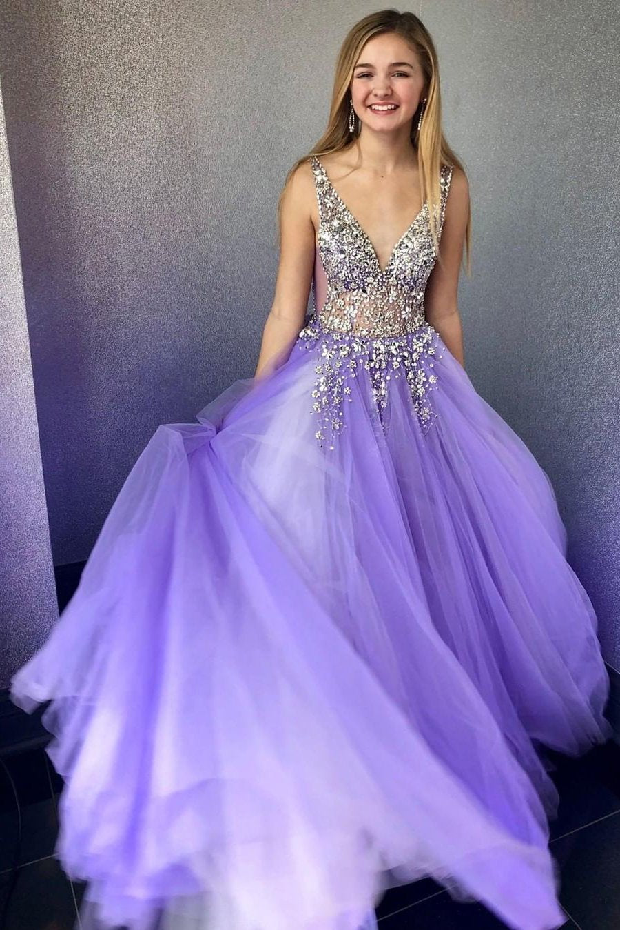 Elegant A Line Grey Long Prom Dress with Silver Appliques Tulle V Neck Party Dresses WK611