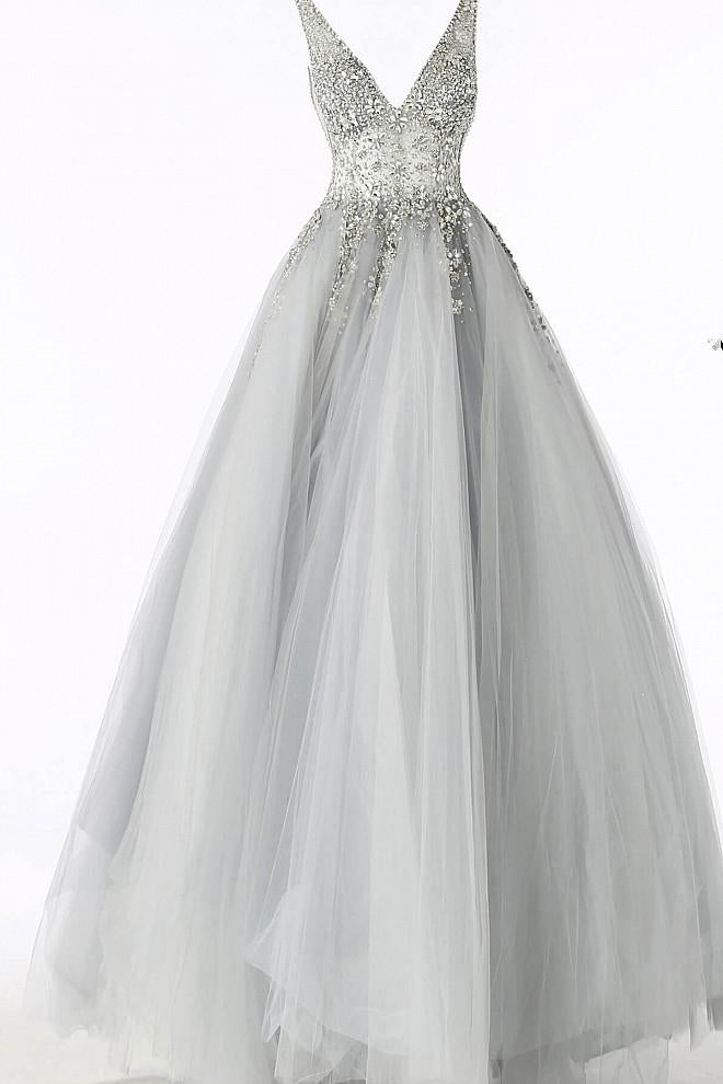 Elegant A Line Grey Long Prom Dress with Silver Appliques Tulle V Neck Party Dresses WK611