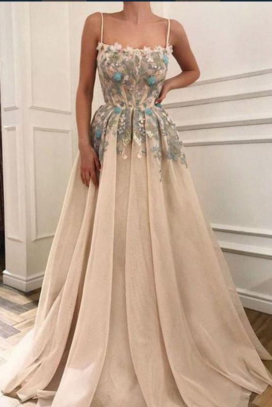 Elegant  A Line Spaghetti Straps Sleeveless Appliques Prom Dresses Dance Dresses PW723
