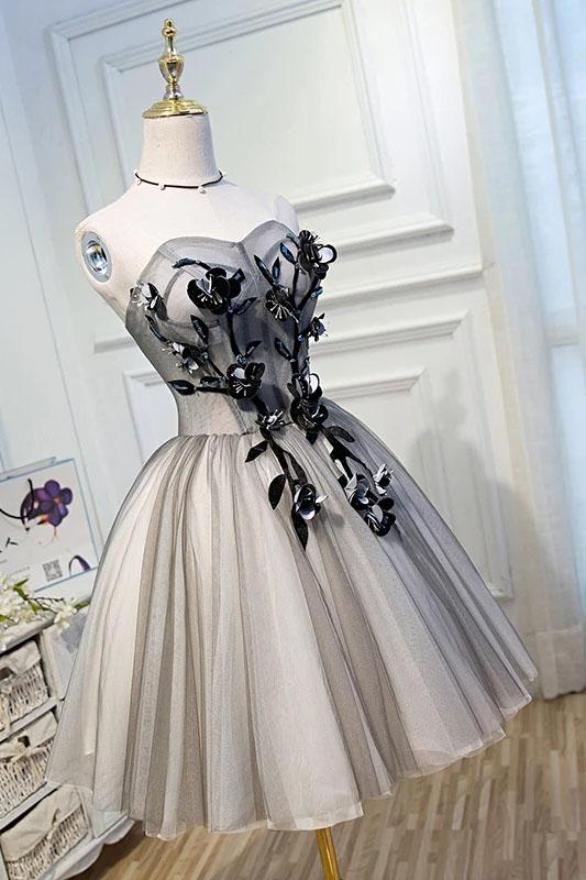 Elegant A Line Strapless Tulle Homecoming Dresses with Lace up Black Short Prom Dresses H1333