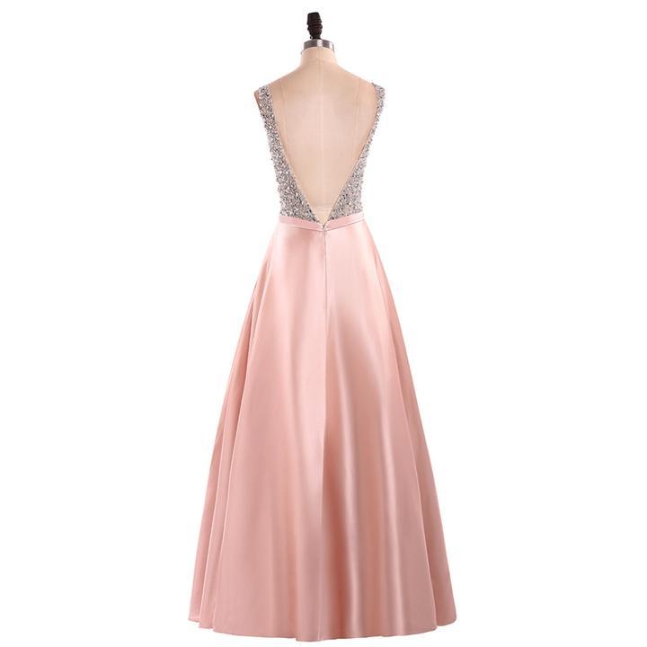 Elegant A Line V Neck Beading Prom Dresses Straps Satin Evening Dresses WK496