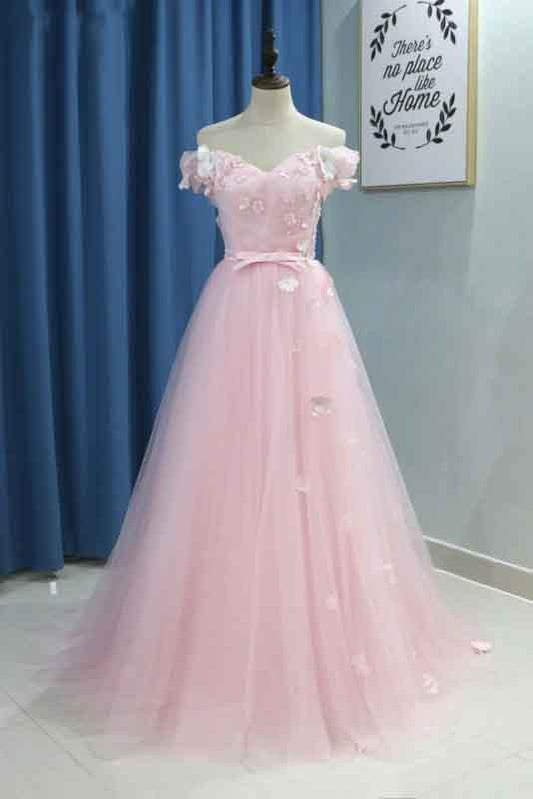 Elegant A line Pink Tulle Prom Dresses with Flowers Off the Shoulder Belt Evening Dress WK749