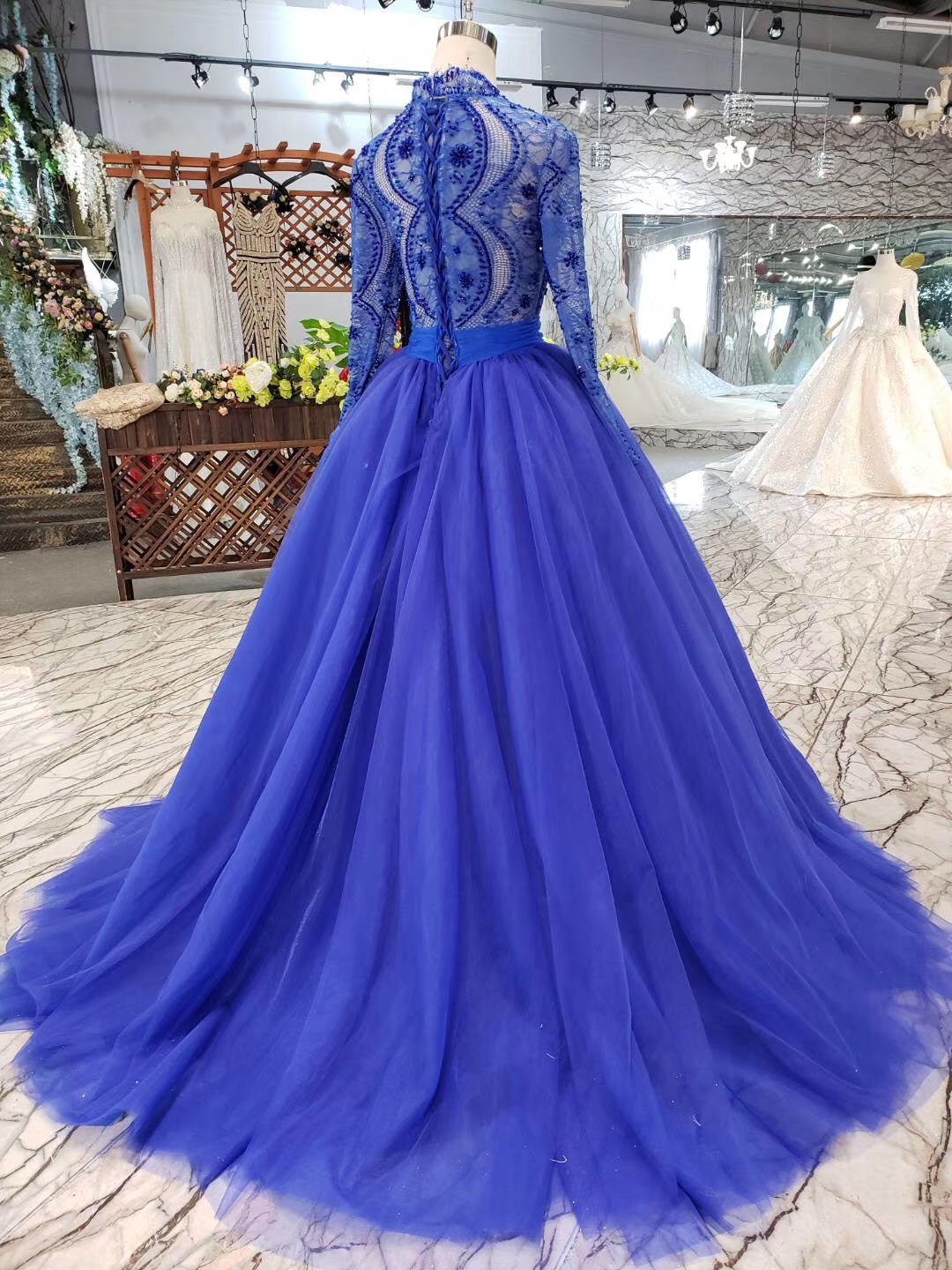 Elegant Blue Tulle Deep V Neck Long Sleeve Beads Ball Gown Prom Dresses with Lace up WK786