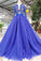 Elegant Blue Tulle Deep V Neck Long Sleeve Beads Ball Gown Prom Dresses with Lace up PW786