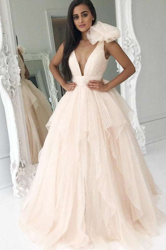 Elegant Deep V Neck Organza Pink Princess Prom Dresses Quinceanera Dresses WK401