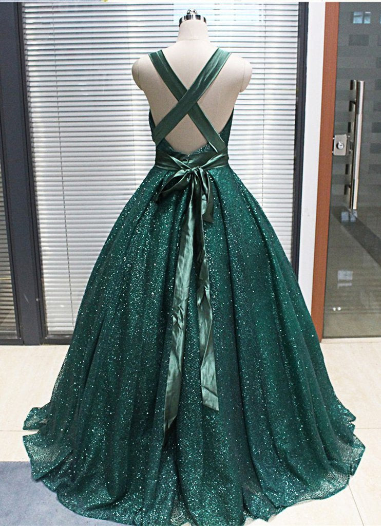 Elegant Green Deep V Neck Criss Cross Prom Dresses Long Sequin Evening Dresses WK572