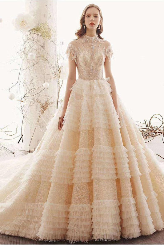 Elegant High Neck Ball Gown Wedding Dresses Short Sleeve Quinceanera Dresses WK773