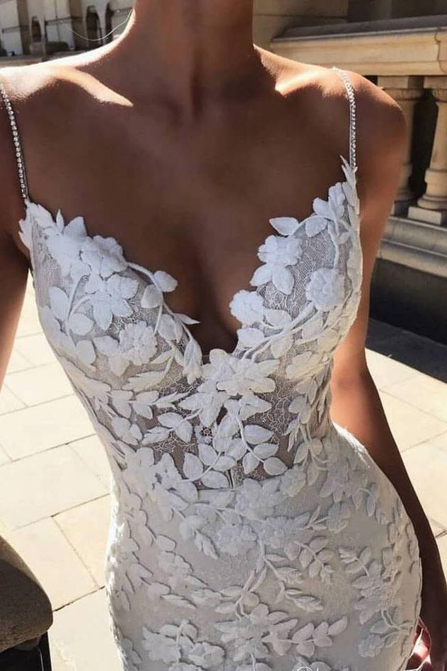 Elegant Mermaid Spaghetti Straps Lace V Neck Ivory Wedding Dresses Bridal Dresses WK776