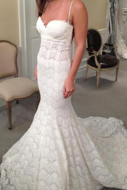 Elegant Mermaid Sweetheart Lace Court Train Wedding Dress with Spaghetti Straps WK422