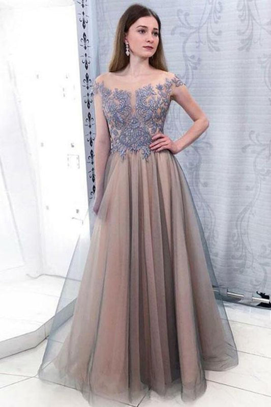Elegant Off Shoulder Sleeveless Floor Length Lace Prom Dresses with Appliques WK473