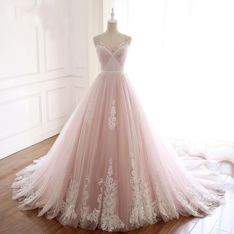 Elegant Pink Sweetheart Tulle Lace Appliques Lace up Prom Evening Dresses WK648