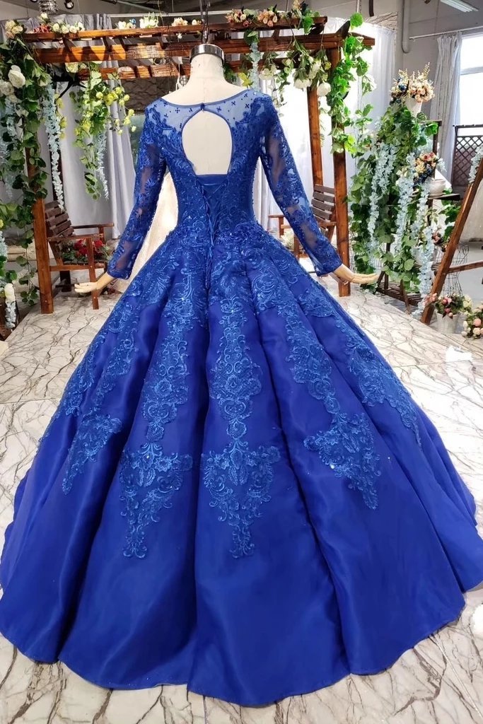 Elegant Royal Blue Long Sleeves Ball Gown Lace up Puffy Quinceanera Dress with Appliques P1136