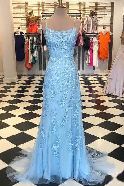 Elegant Spaghetti Straps Sky Blue Mermaid Backless Scoop Pageant Prom Dresses WK93