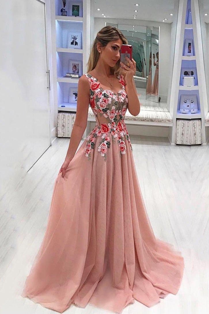 Embroidery Appliques Long A line Pink Prom Dresses Tulle Cheap Formal Dresses WK511
