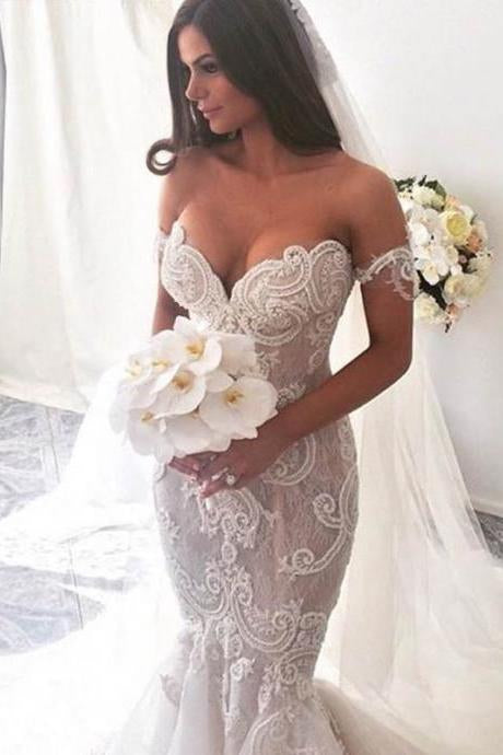 Ivory Lace Mermaid Off the Shoulder Sweetheart Appliques Wedding Dresses WK304