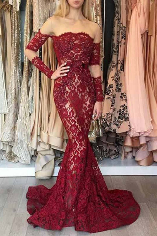 Mermaid Long Sleeves Dark Red Off the Shoulder Lace Prom Dresses with Train WK367
