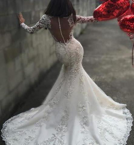 Sexy White Yarn Button Back Long Sleeve Lace Mermaid Charming Chapel Trailing Wedding Dress WK171