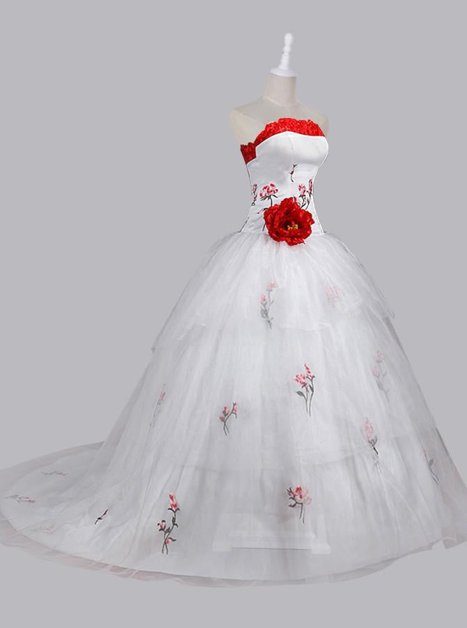 Stunning Ball Gown Strapless Wedding Dress with Embroidery Handmade Flower Lace-up WK450
