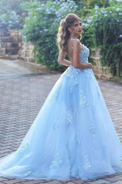 Light Blue Lace Appliques Ball Gown Tulle Prom Dresses Princess Wedding Dresses WK332