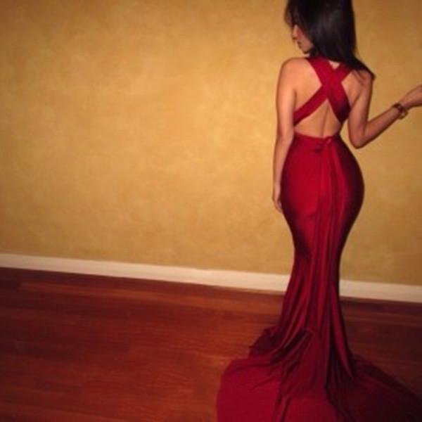 Modest Mermaid Dark Burgundy Red Long Criss Cross Fitted Sexy Backless Evening Dresses WK17