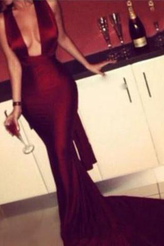 Modest Mermaid Dark Burgundy Red Long Criss Cross Fitted Sexy Backless Evening Dresses WK17