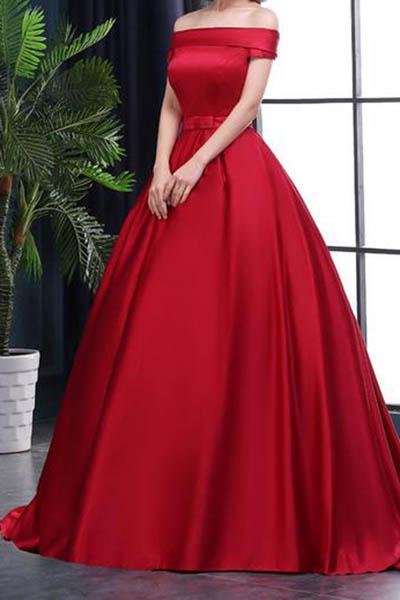 Chic A-Line Off-the-Shoulder Satin Simple Red Sleeveless Lace up Long Prom Dresses WK182
