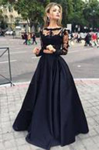 Black two pieces long sleeve prom dress A-line lace two pieces long prom dress grad dresses WK104