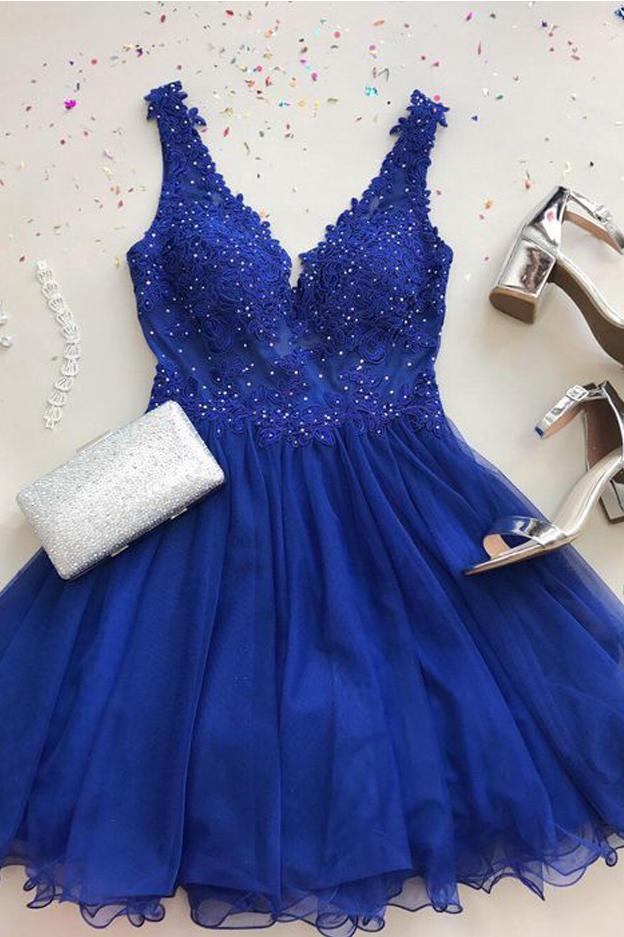 Cute A Line V Neck Chiffon Beads Royal Blue Short Homecoming Dresses with Appliques WK936