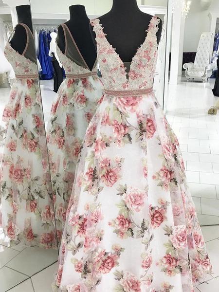 Floral Print A line V Neck Lace Appliques Prom Dresses V Back Straps Formal Dresses WK704
