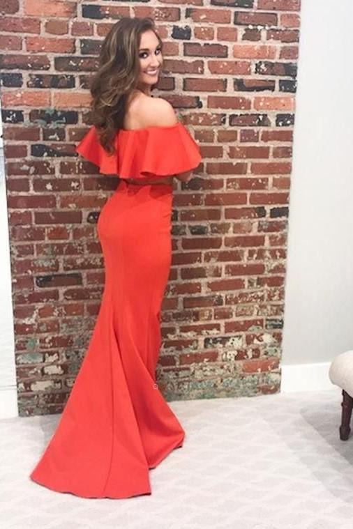 Flounced Off the Shoulder Satin Prom Dresses Two Piece Mermaid Long Formal Dress WK490