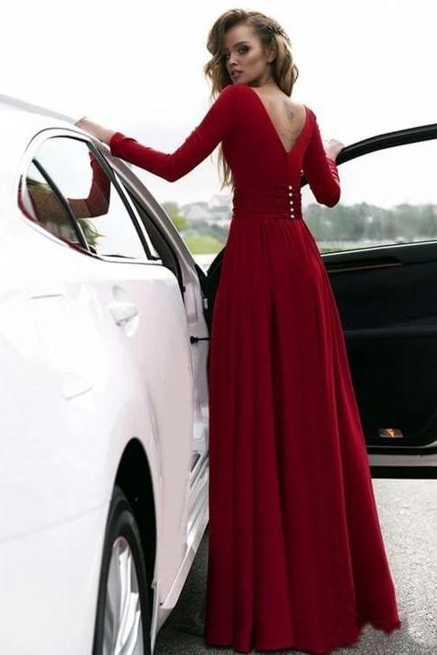 Flowy Long Sleeve V Neck Chiffon Long Formal Dresses with High Slit Backless Prom Dress P1101