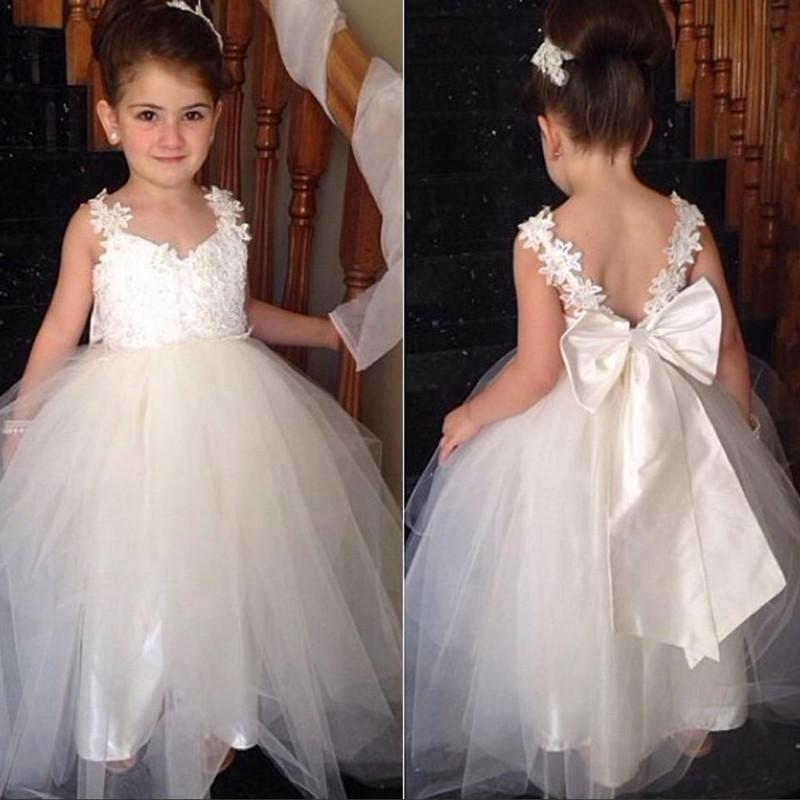 Ivory Sweetheart Lace Top Cute Tulle V Back Bowknot Flower Girl Dresses WK120